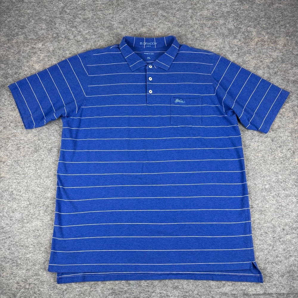 B Draddy Polo Shirt Pima Cotton Sea Island Pocket Golf Blue Striped Mens XL